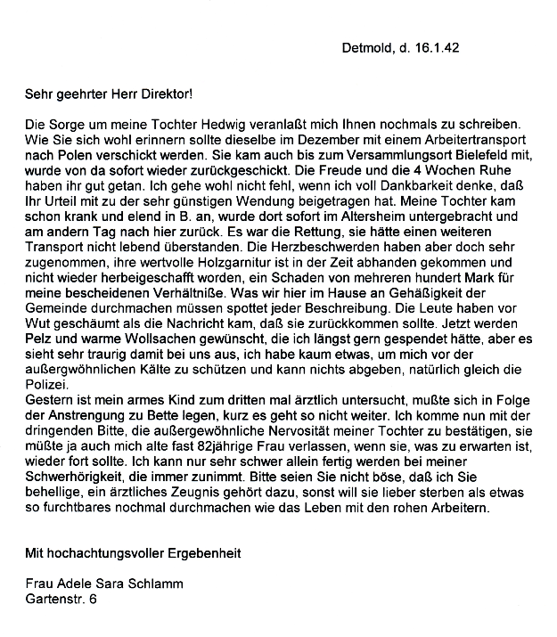 Abschrift eines Briefes von Adele Schlamm an den Direktor der Heil- und Pflegeanstalt Lindenhaus, 16.1.1942. LAV NRW OWL L 107 D Nr. 5143_90dpi.png
